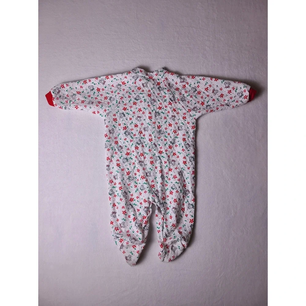 VTG Y2K Rumble Tumble Footed Sleeper Kids L/6-9M White Red Poinsettia Bear Quilt